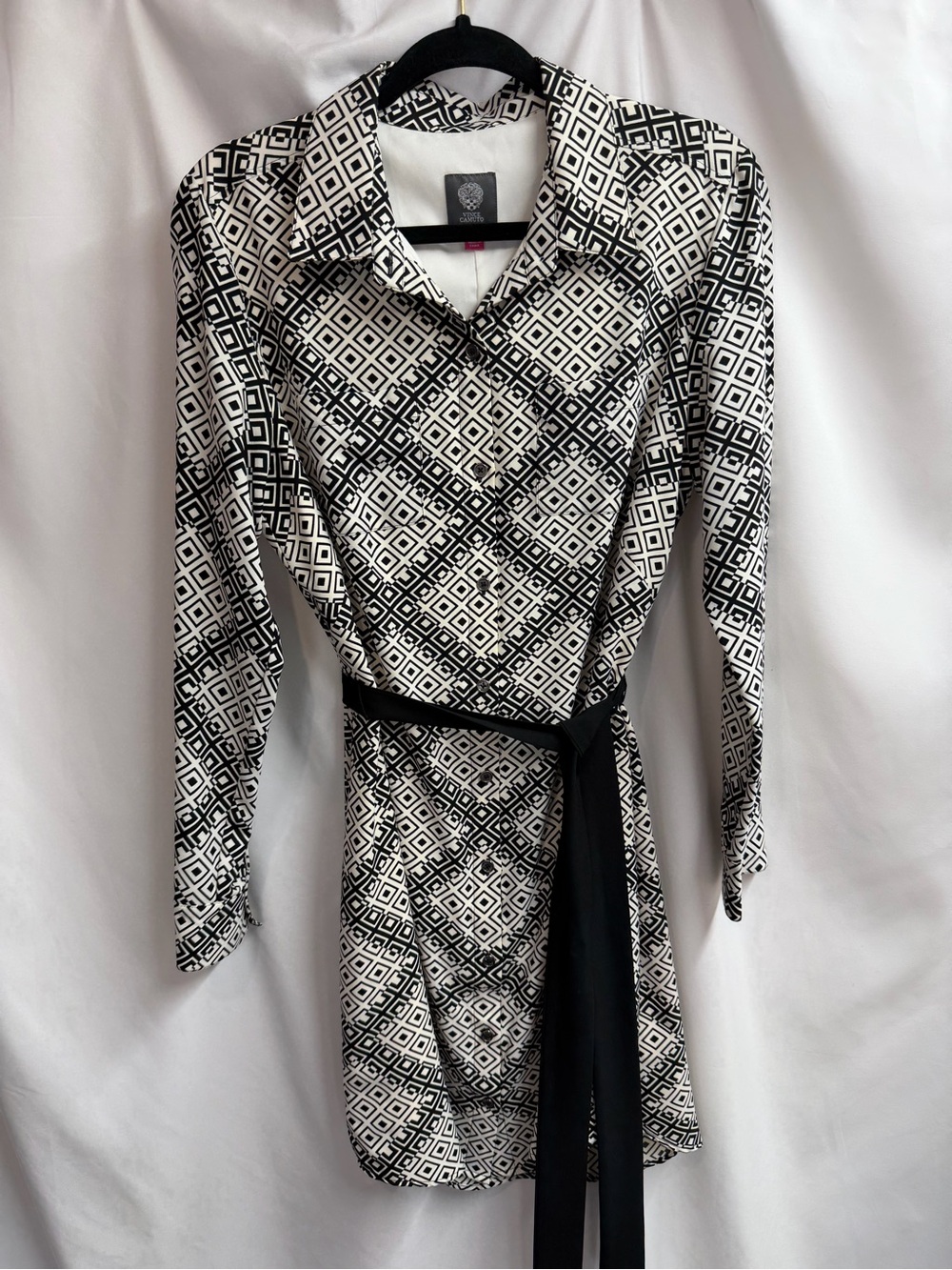 Vince Camuto Black and White Geometric Long-Sleeve Shirt Dress